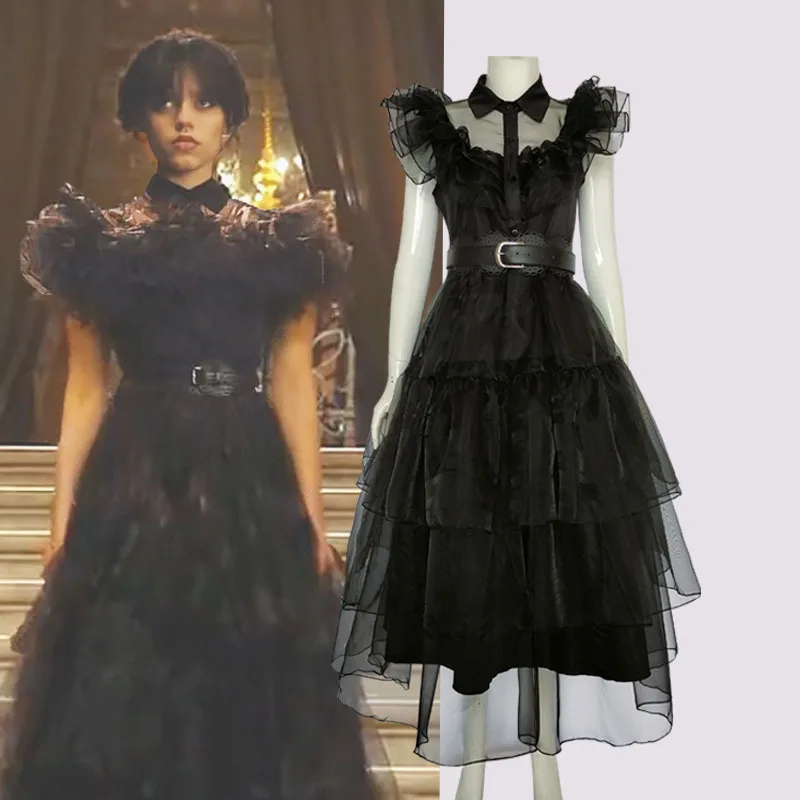 Robe Maxi Noire Élégante avec Perruques pour Femme et Fille, Costume de Cosplay du mercredi Addams, Tenues de Carnaval d'Halloween