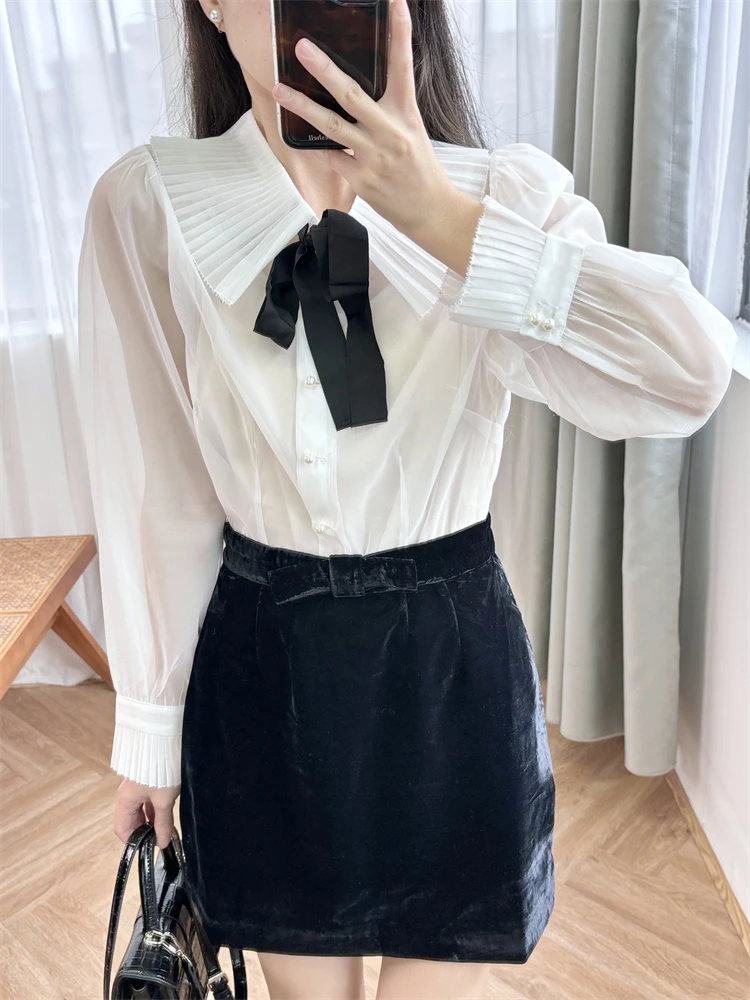 New 2024 High Quality Women Organza Peter Pan Collar Shirt and Velvet Short Skirt Bow Tie Elegant Sweet Chic Stunning Fashion DO