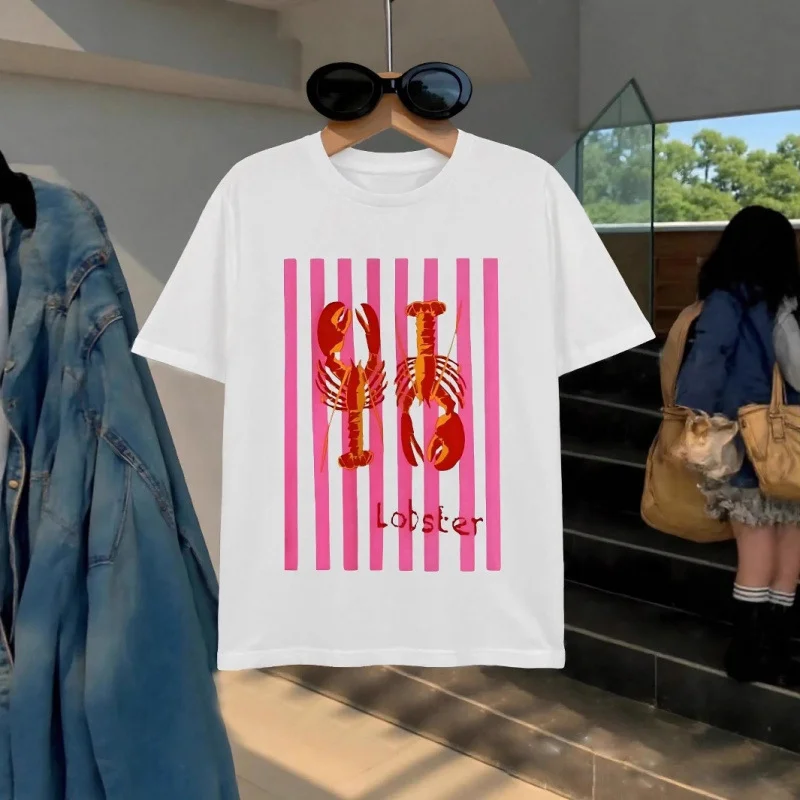 Funny Lobster Meme T-Shirt, Pink Stripe Print Casual White Tee, Harajuku Streetwear  Y2k Top Women Clothes  Graphic T Shirts
