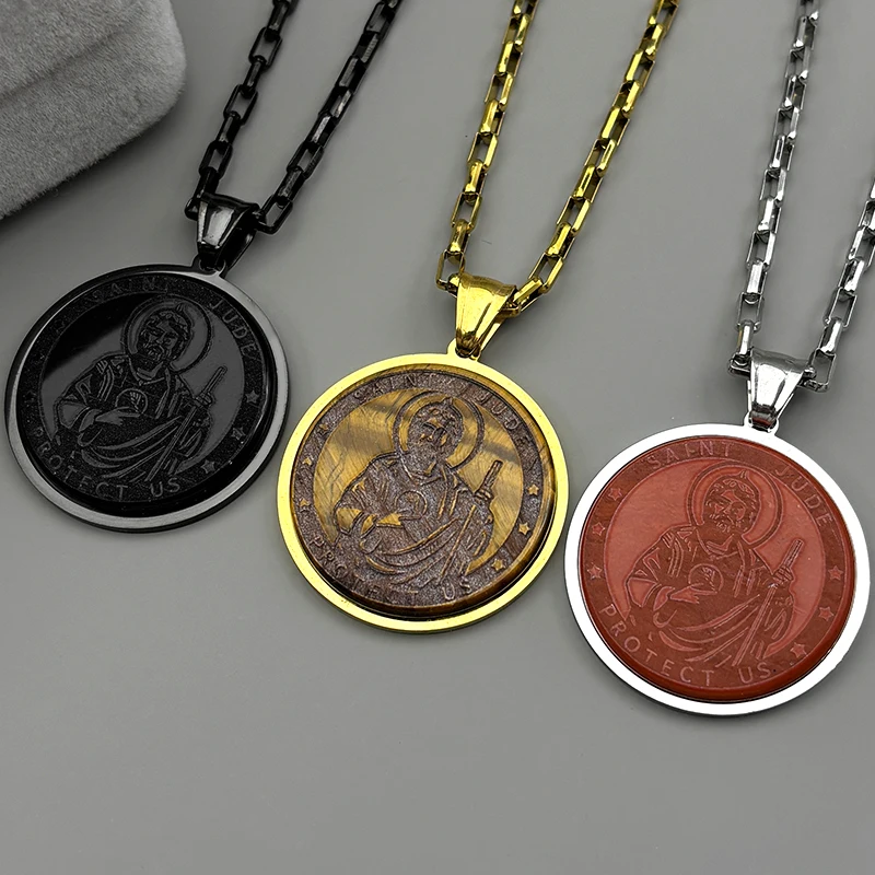 

Saint Jude Protect Us Pendant Necklace For Women Men Stainless Steel Natural Stone Christianity Amulet Faith Chain Jewelry