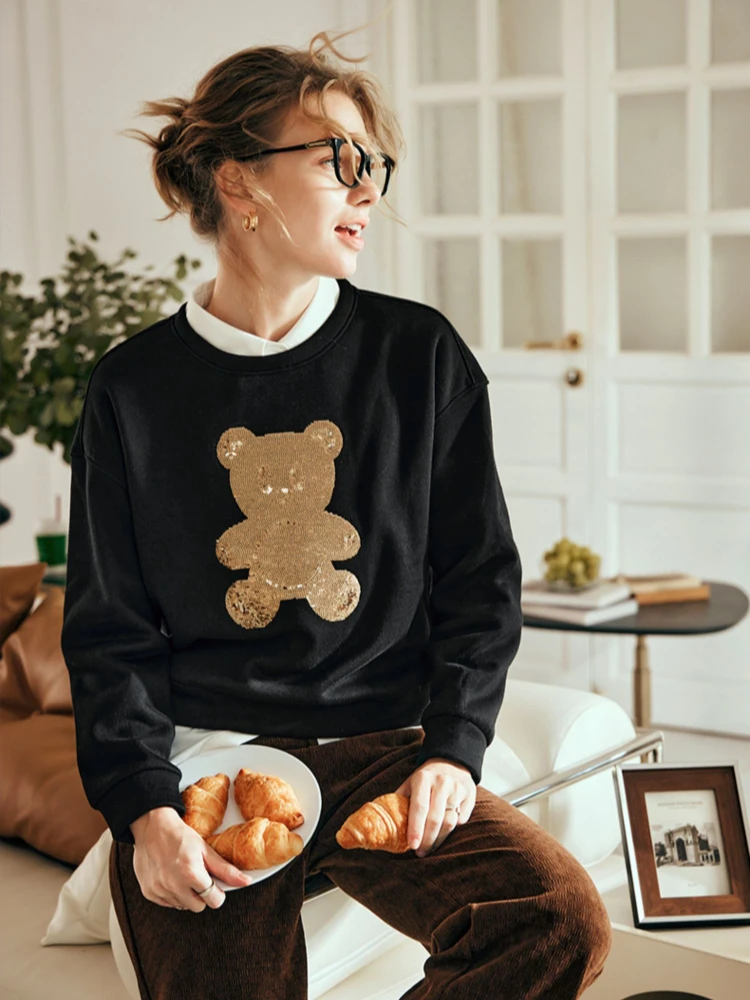 OLrain Women's Cartoon Sweatshirts 2025 Autumn New O-neck Long Sleeve Pullover Solid Sequins Female Clothing Elegant O21DR60202