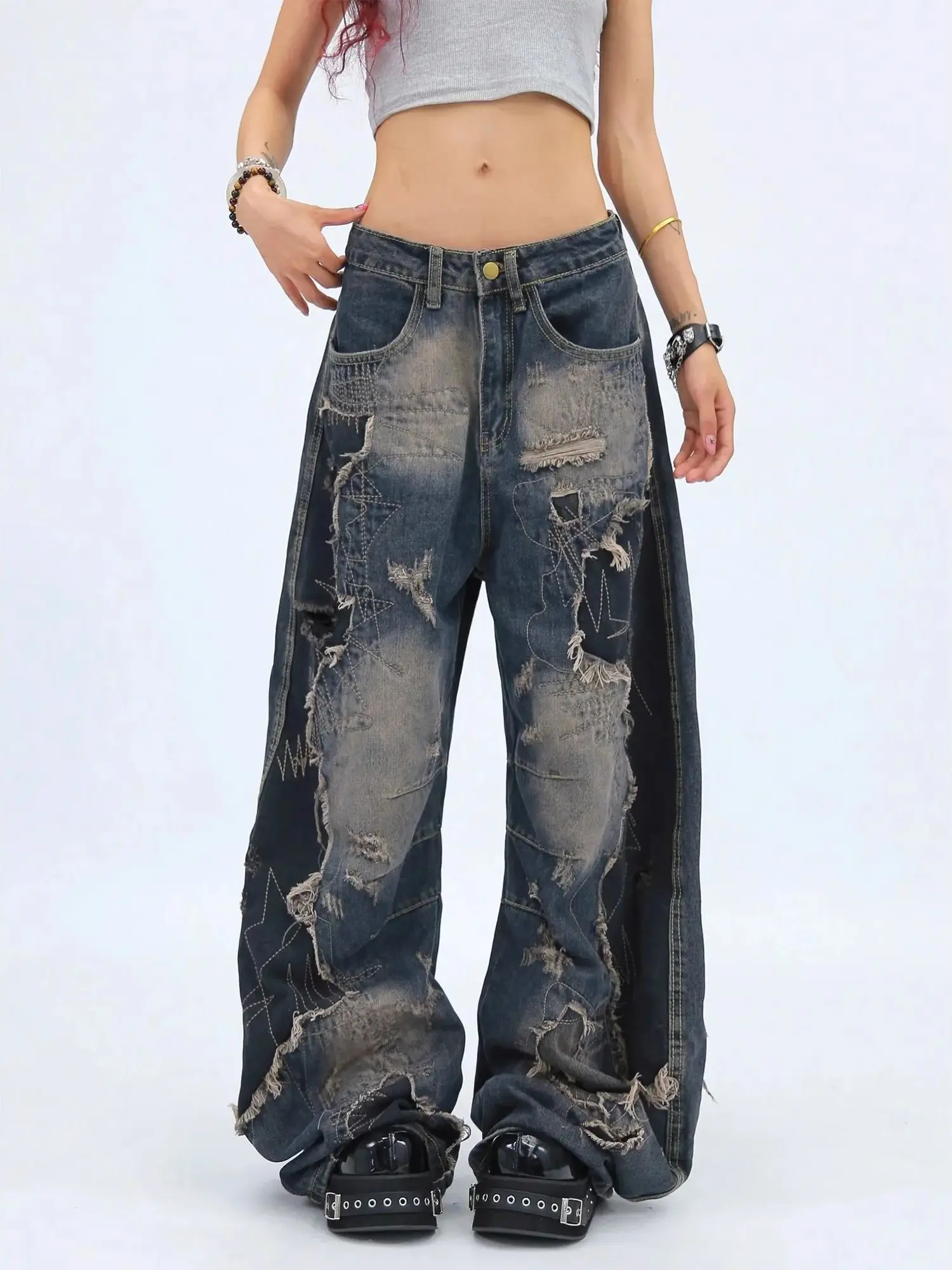 

New American Vintage Washed Frayed Hem Jeans for Women High Street Niche Oversized Straight Leg Long Pants