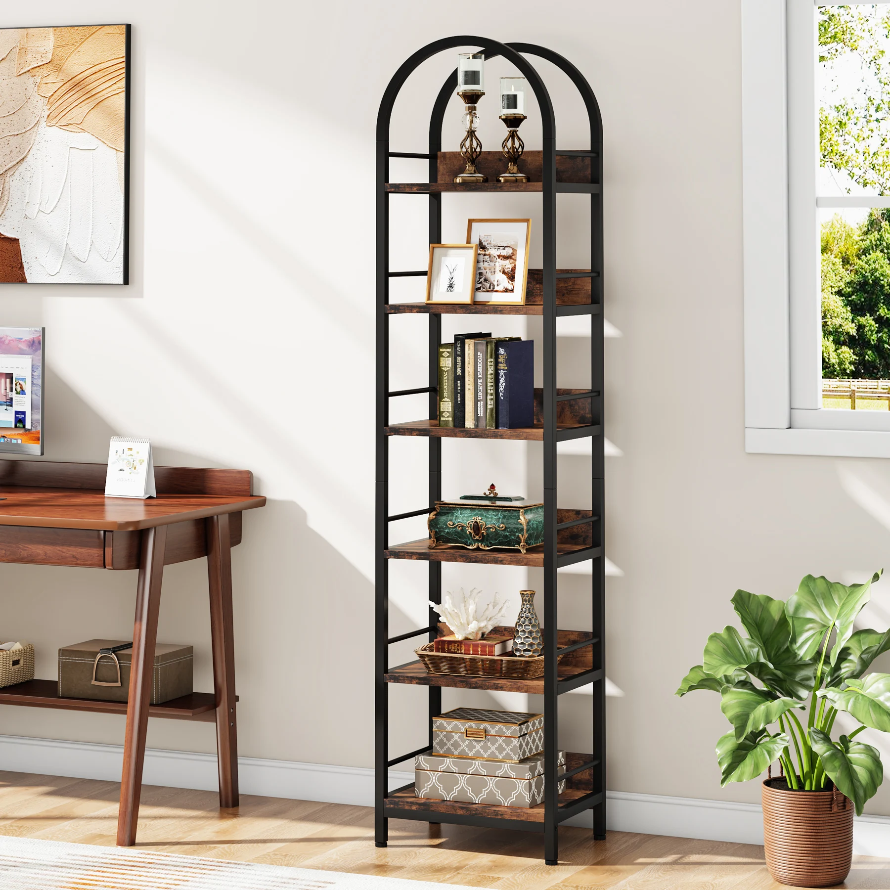 

LITTLE TREE 6-Tier Open Bookshelf, 78.7" Tall Arched Bookcase Narrow Bookshelf, Freestanding Corner Bookcase Display Shelves