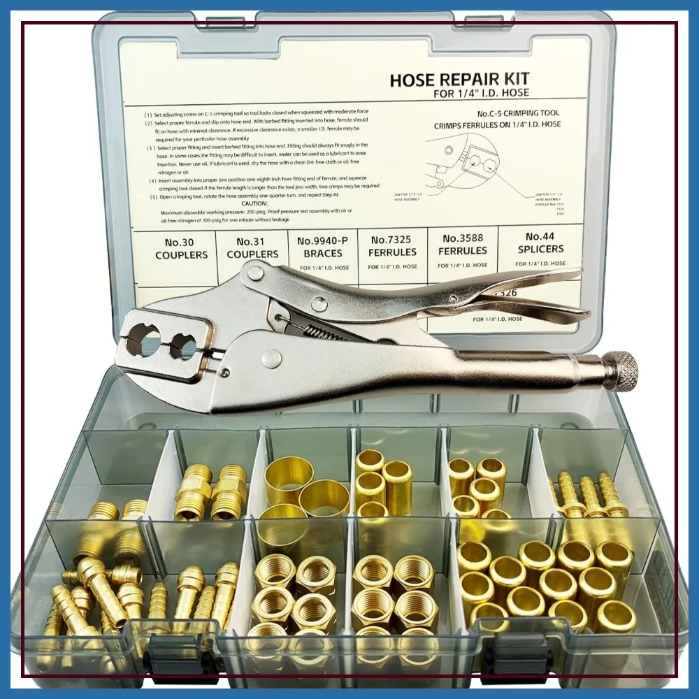 

58PCS 1/4 I.D. Hose Repair Kit for Air/Torch/Oxygen/Acetylene Hoses, Includes Fittings & Crimping Tool