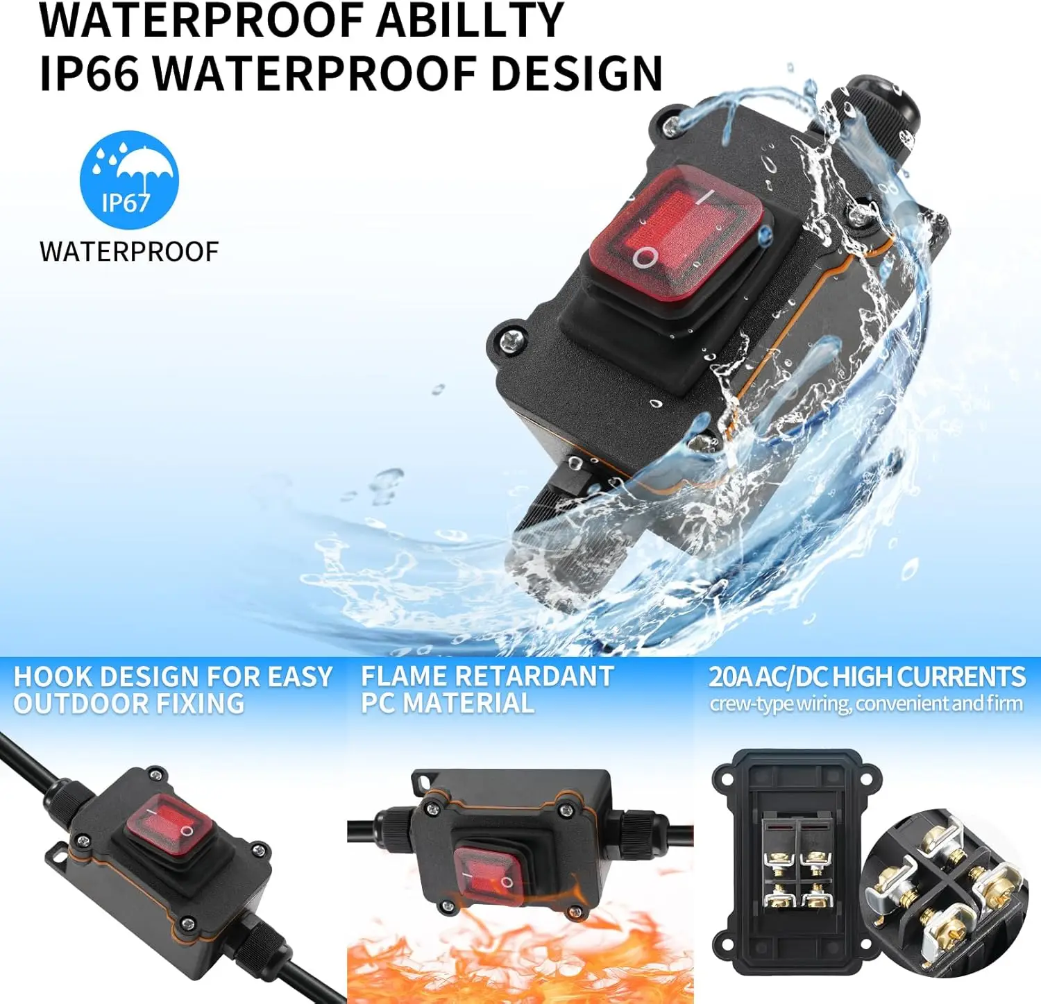 IP67 waterproof inline power cord switch with red indicator light, 12V DC suitable for automobiles, ships, outdoor equipment