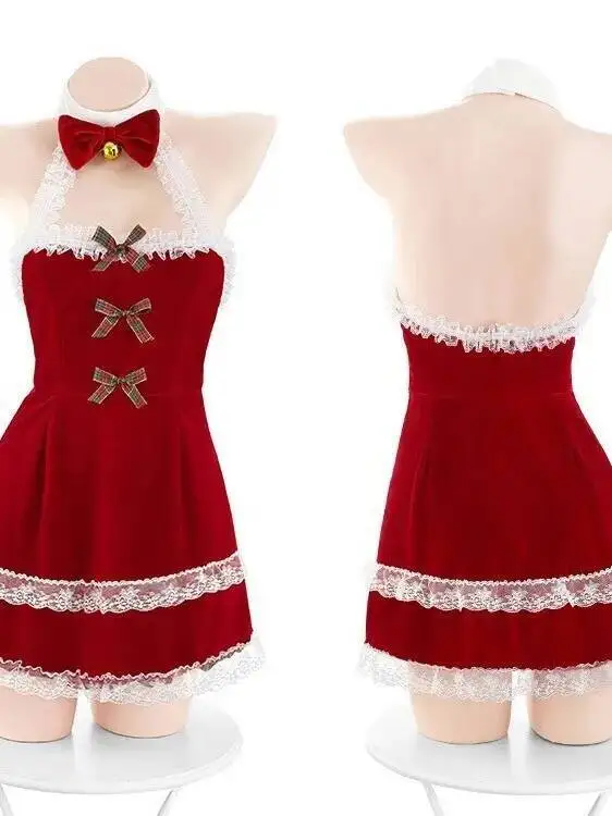 Nieuwe Rode Rendier Kerst Fluwelen Halter Jurk Met Kant Trim Strikken Bell Kraag Handschoenen Holiday Party Cosplay Jurk Voor Vrouwen 9JNK
