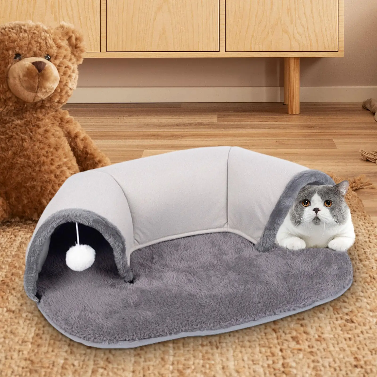 2 in 1 Cat Tunnel Bed Washable Soft Plush Mat Anti Slip Bottom for Kitten Puppy for Indoor Cats Cat Warm House with Toy Ball Fun