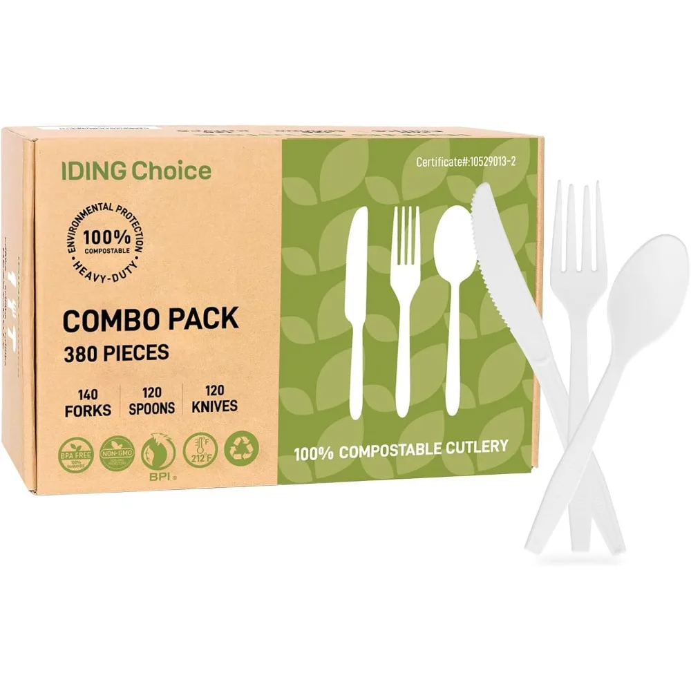 

Compostable Cutlery Set: 380 Pieces Eco-Friendly Utensils for Parties, Office, Camping - BPA Free & Durable