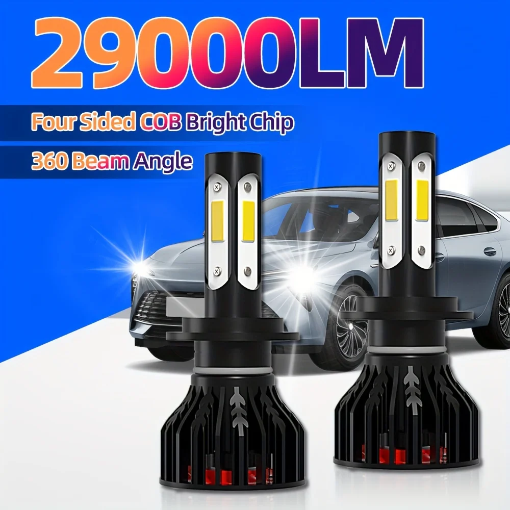 roadsun 2pcs Car LED Headlights H7 LED Bulbs 180W 29000LM Imported COB 4 Side Lamps 6000K White Ultra Bright Easy To Install