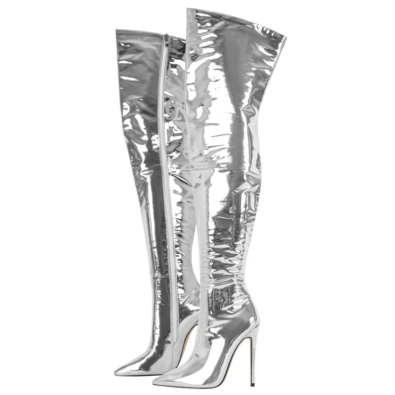 Onlymaker Women Pointed Toe Silver Stiletto Over The Knee Boots Zipper Handmade  Big Size  Female Thigh High  Boots