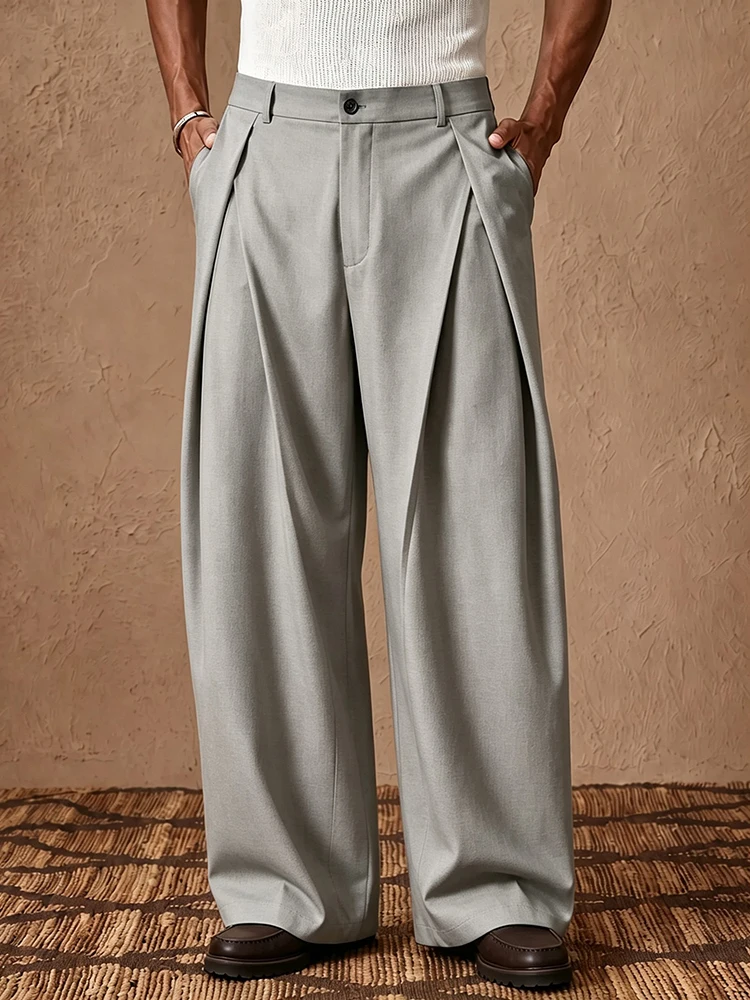 Office Business Pleated Long Pants Mens Stylish Solid Color Straight Bottoms Men 2026 Autumn Casual Loose Trousers