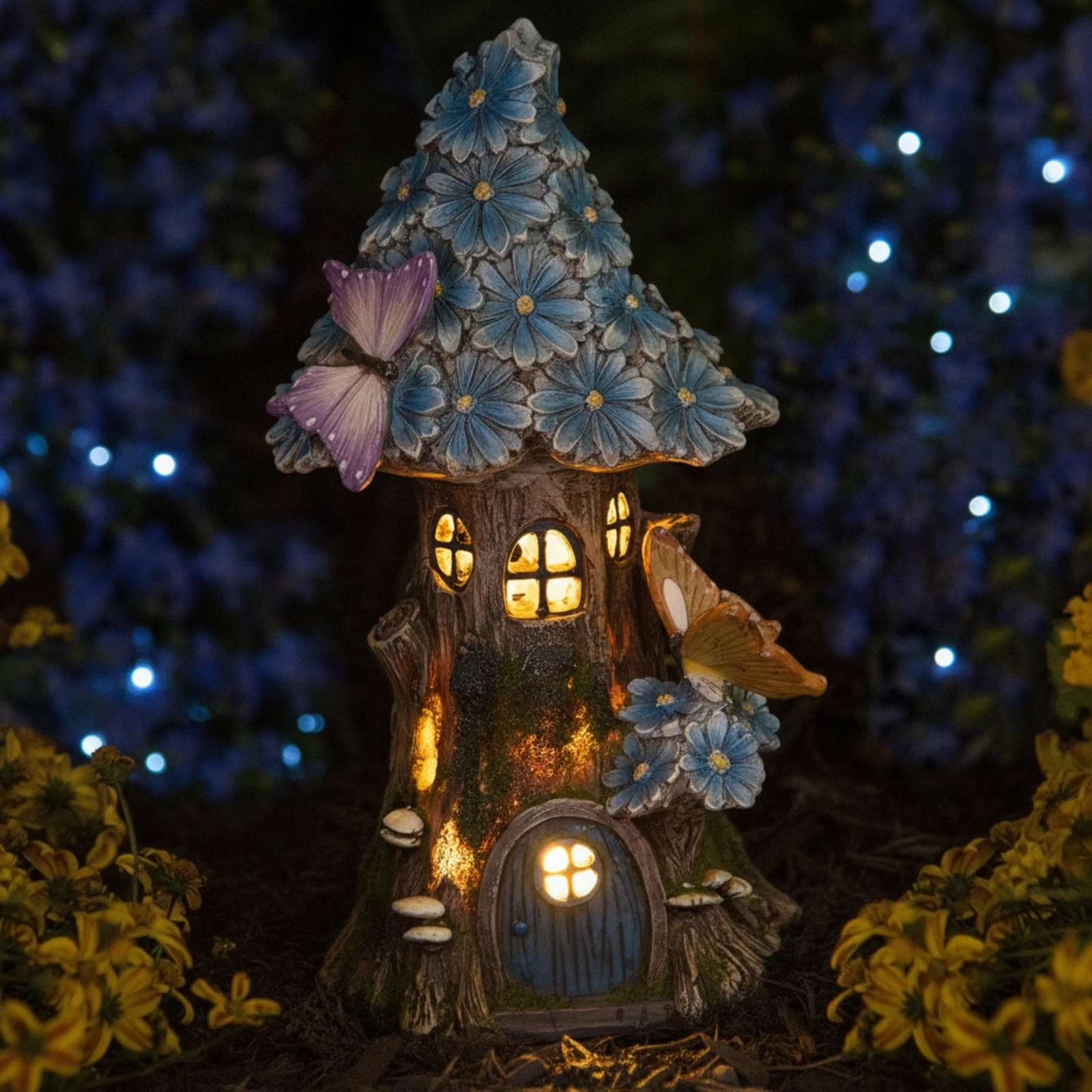 Fairy House with Solar Light Whimsical Tree House Statue Garden Statue with Solar Light Waterproof Yard Ornament Anti-Fading view 5