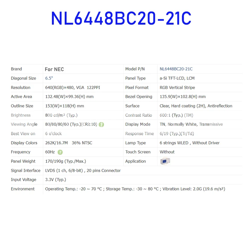 NL6448BC20-21C Original 6.5 Polegada Painel de tela LCD industrial para NEC Brand New