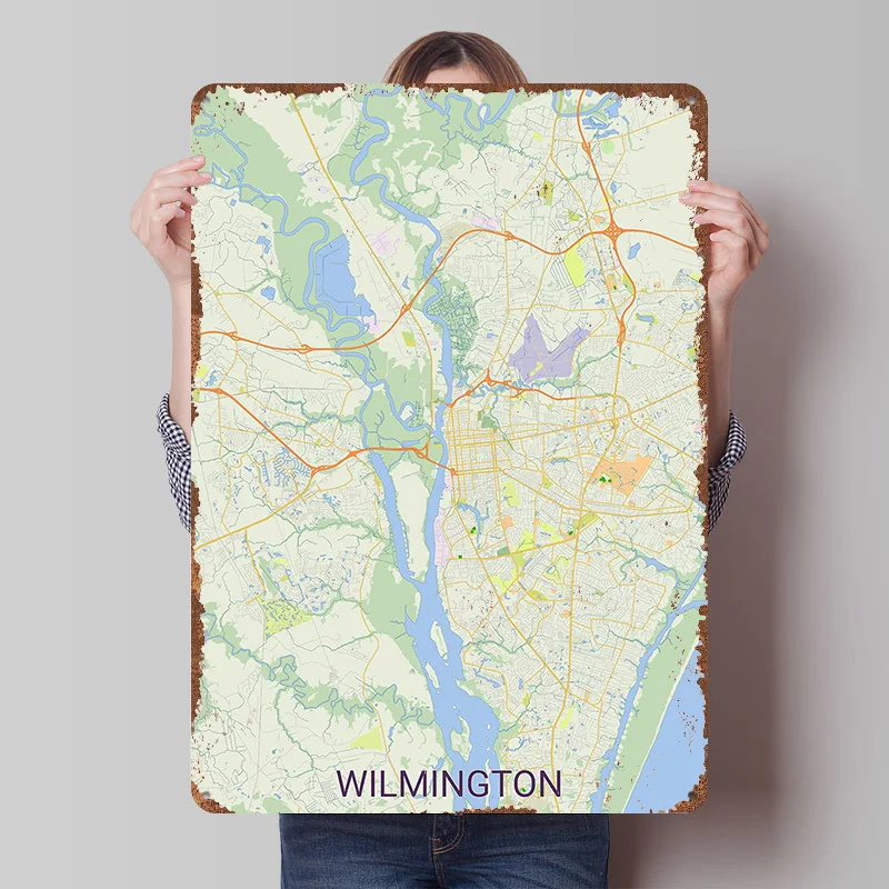 Map of Wilmington North Carolina Printed Poster Customized Retro Wall Art Vintage Metal Tin Signs for Decoration Room House Home