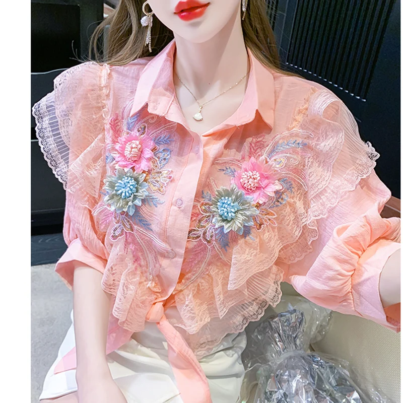 Sommer Schwerindustrie Blume Spitze Hemd Bluse Frauen gekräuselte Schleife Taille Chiffon Shirt kurze Top weibliche lose Büro Freizeit hemden