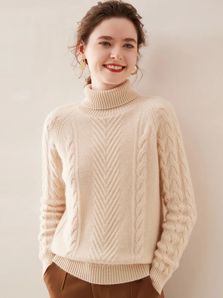 New Autumn Winter Cashmere Women Sweater Turtleneck Long Sleeve Stripe Solid Color Wool Pullover Higt-Quality Casual Clothing