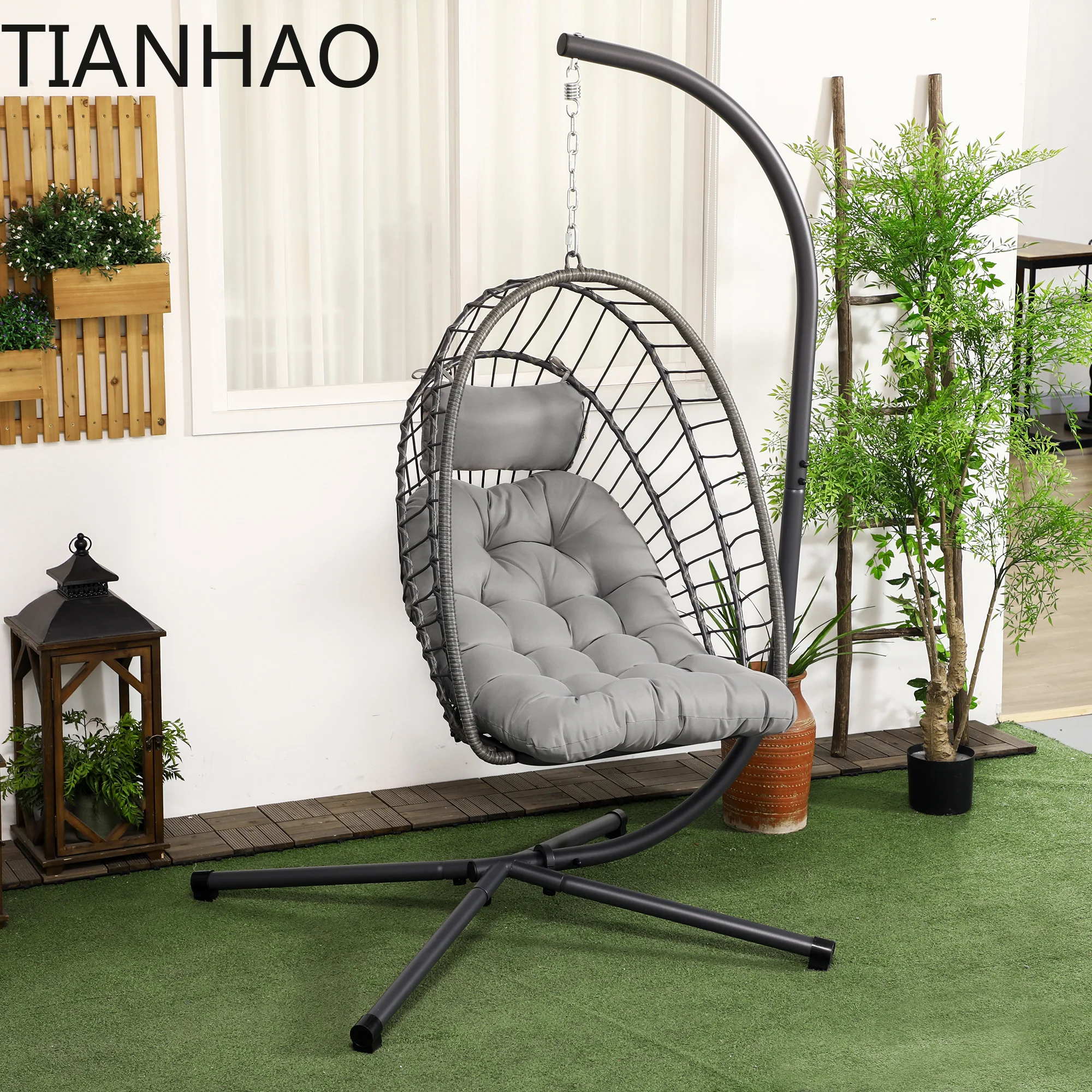 Outsunny PE Hanging Swing Chair w/ Thick Cushion, Patio Hanging Chair, Grey