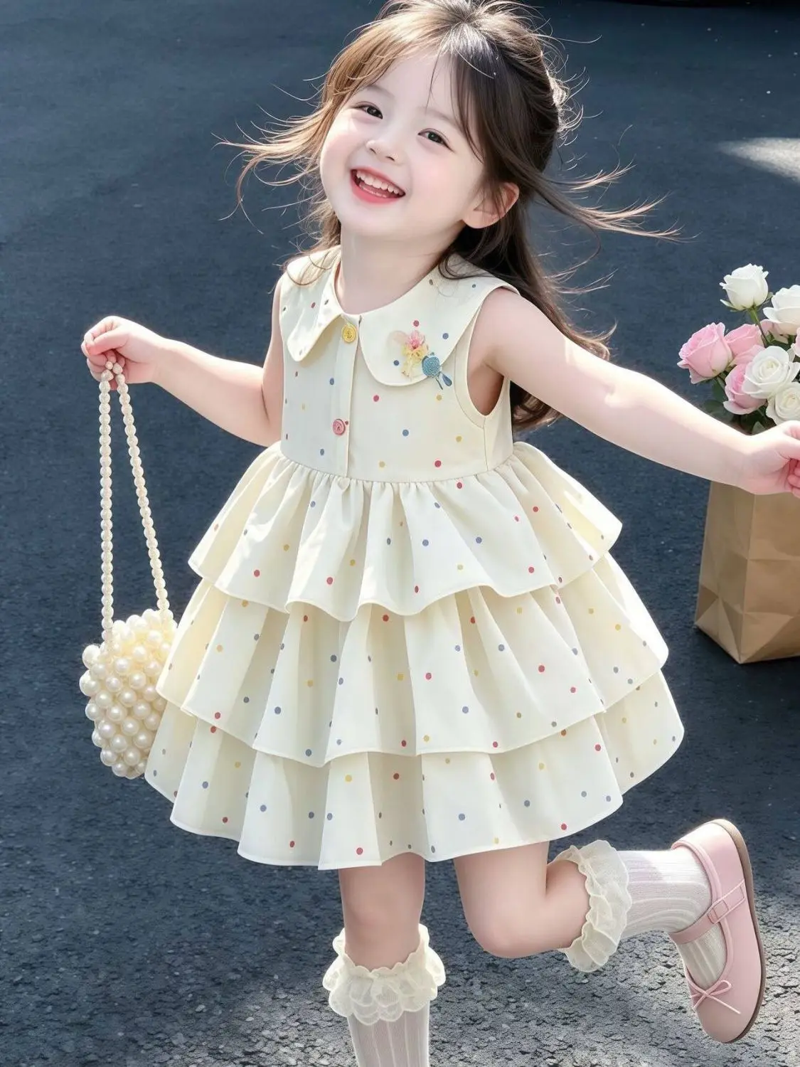 

Baby Girls Cute Doll Collar Sleeveless Polka Dot Summer Dress Children's Cake Style Dress Thin Princess Skirt for Kids