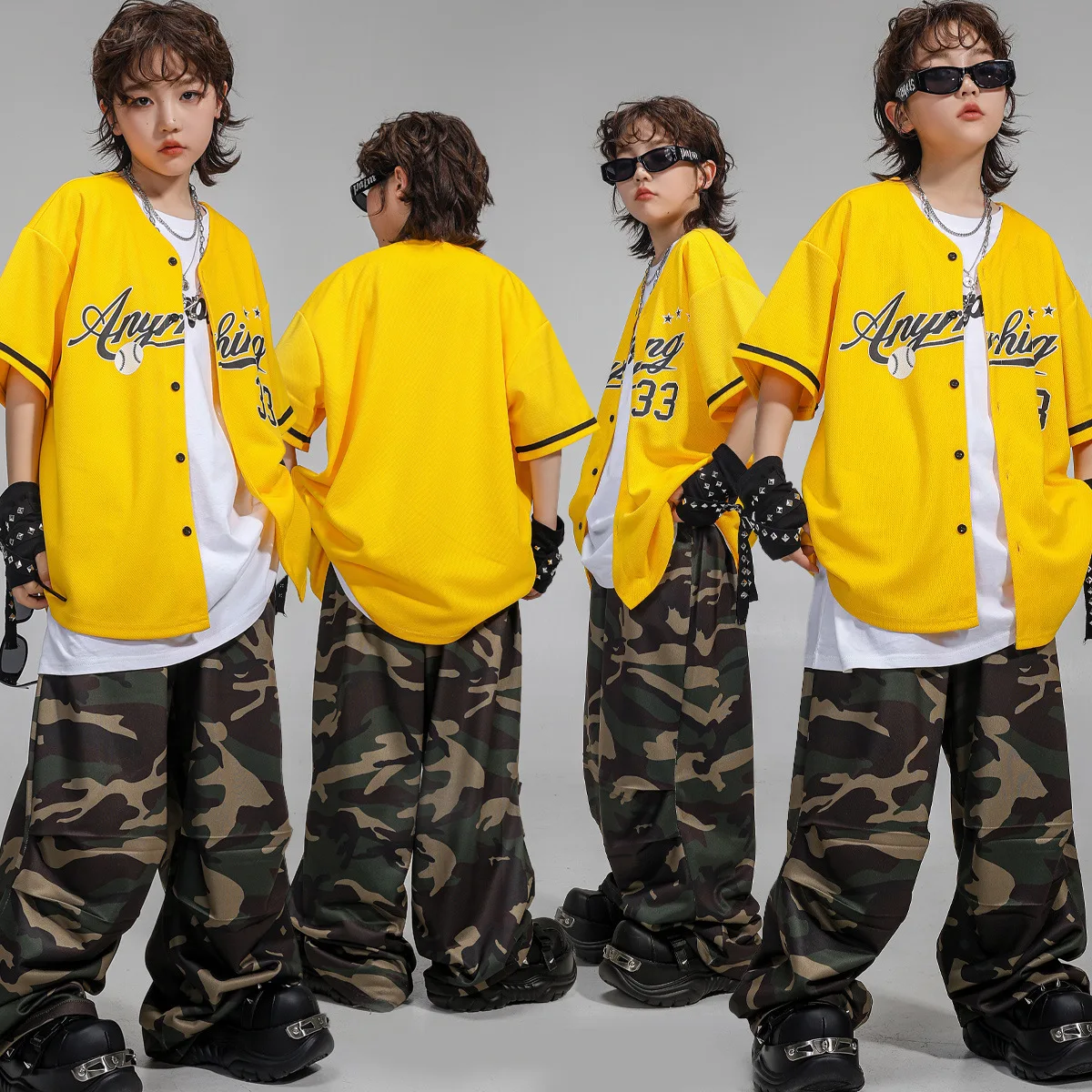 

Boys Street Dancewear Hip Hop Dance Competition Costumes Yellow Baseball Shirt Camo Pants Suit Group Jazz Clothing Stage Clothes