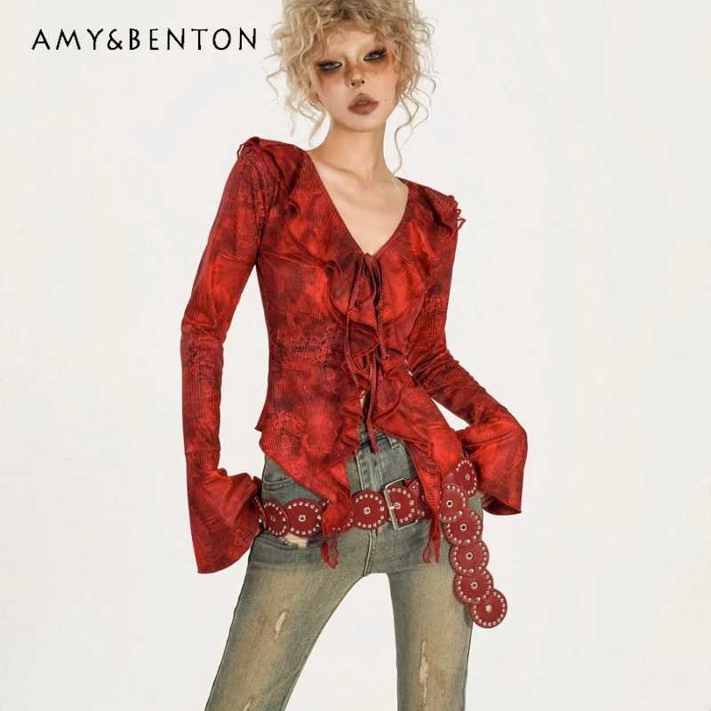 

Original Design American Retro Women's Clothing 2025 Autumn New Red Gradient Lace-up V-neck Flared Sleeve Hot Girl Shirts Ladies