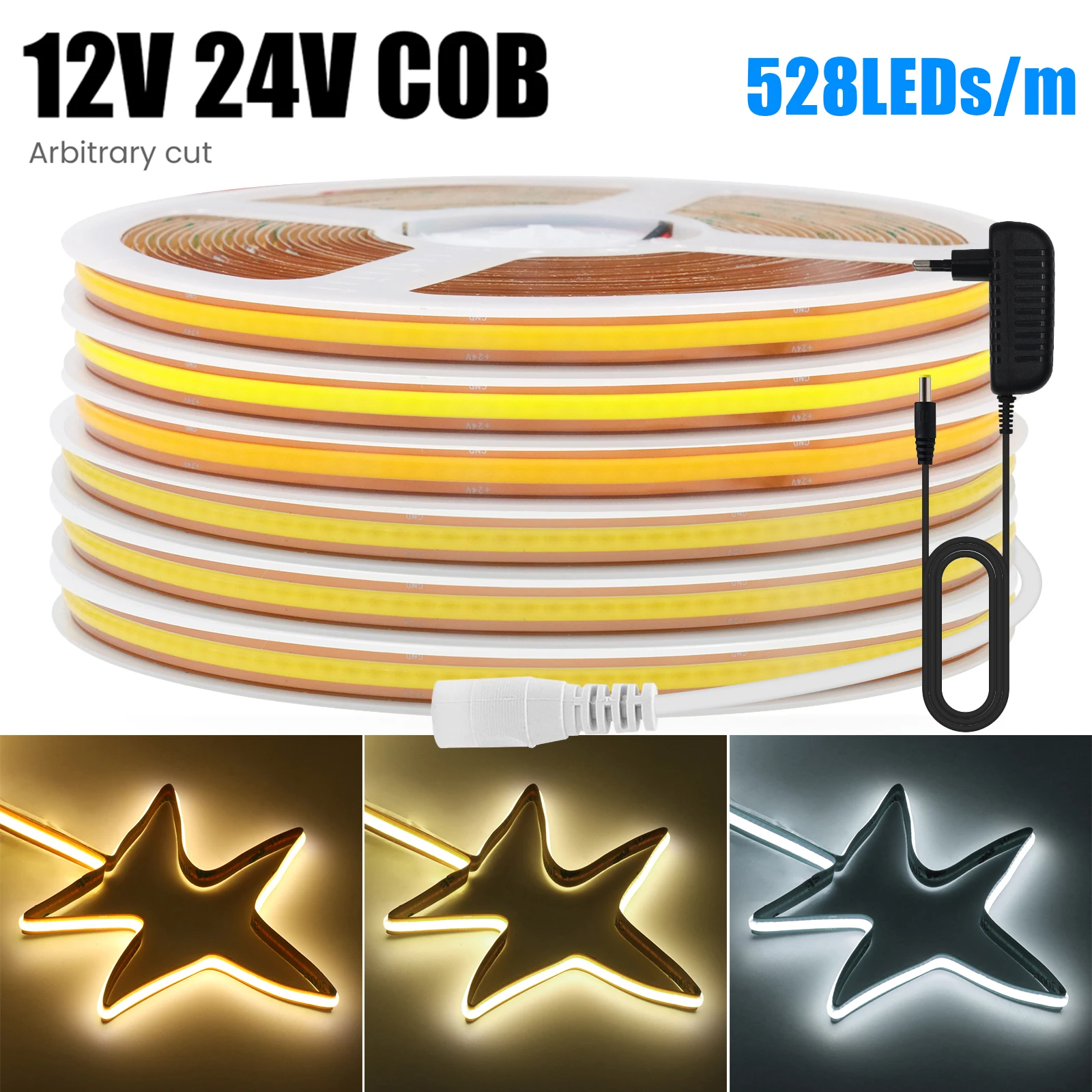 

12V 24V COB LED Strip With EU US Power Supply Can Be Cut Freely 528LEDs/m COB LED Tape 8mm PCB Linear Lighting For DIY Lightbox