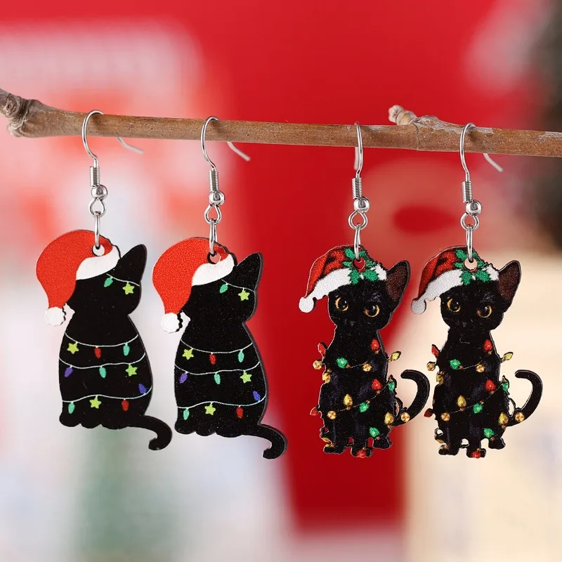 1pair Christmas Christmas Hat Lights Black Cat Pendant Earrings Wooden Double-sided Earrings Christmas Gifts