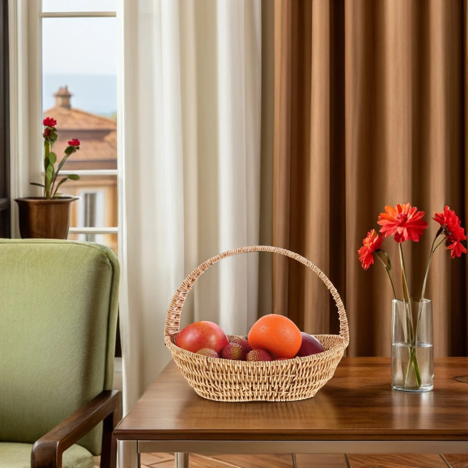 

Imitation Rattan Flower Basket Hand Woven Portable Sundries Storage Container Table Centerpiece Decor Wedding Party Picnic