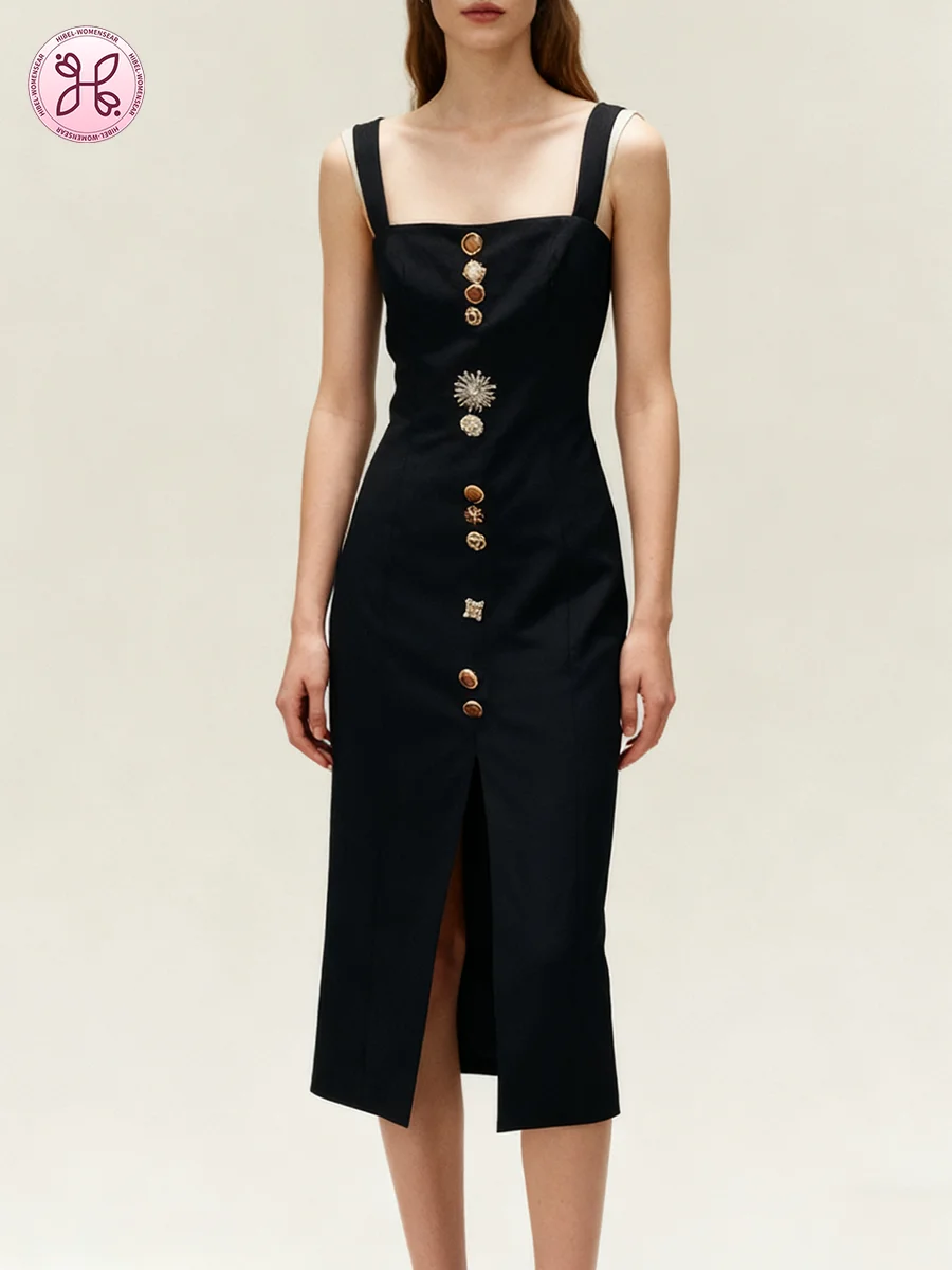 

Solid Spliced Irregular Buttons Fashion Dresses for Women Square Neck Sleeveless Tunic Split Elegant Dress Female