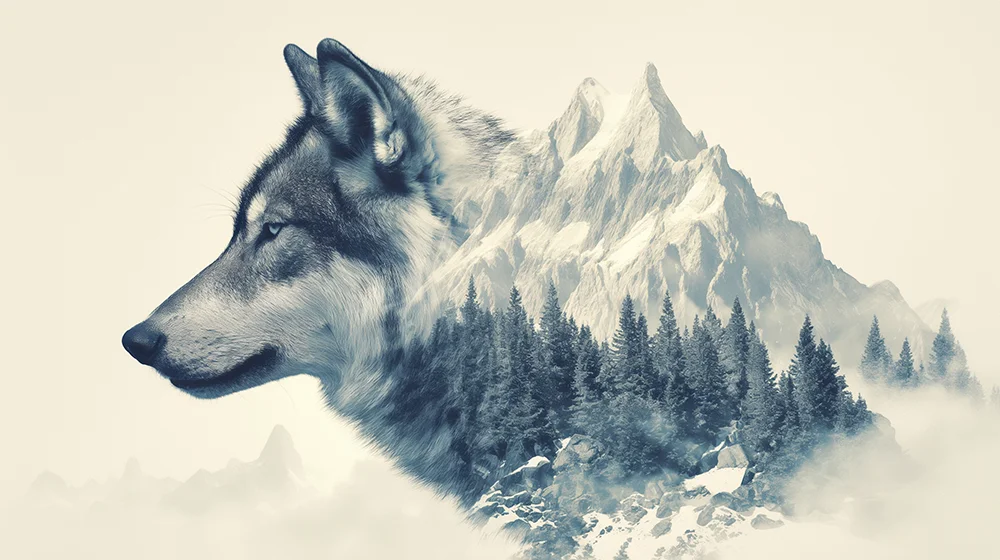 Heart Hidden in Wilderness｜Double‑Exposure Snow‑Mountain Wolf Atmospheric Bedroom Mural
