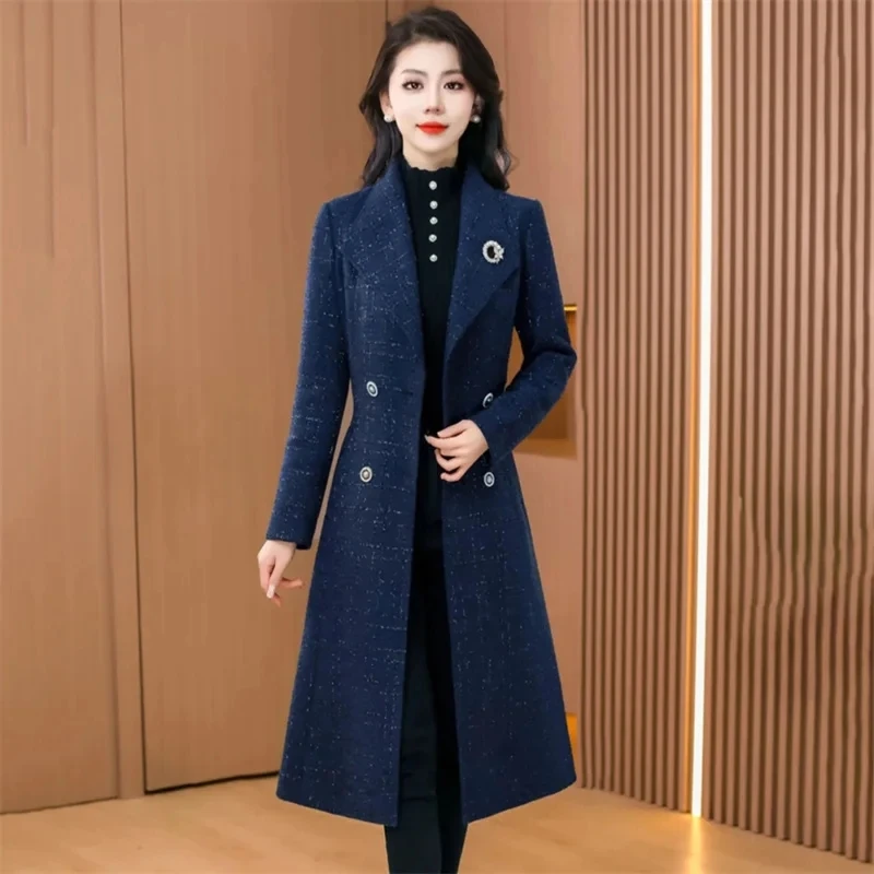 2024 Fall And Winter Double Breasted Long Wool Coats Korean Style Women Handmade Suit Collar Loose Lace Up Woolen Jackets