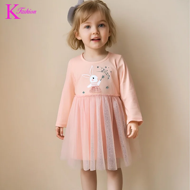 

2025 Kids Clothing Girls' Dress Little Rabbit Embroidered Long Sleeve Mesh Children's Princess Dress Cross-Border Source
