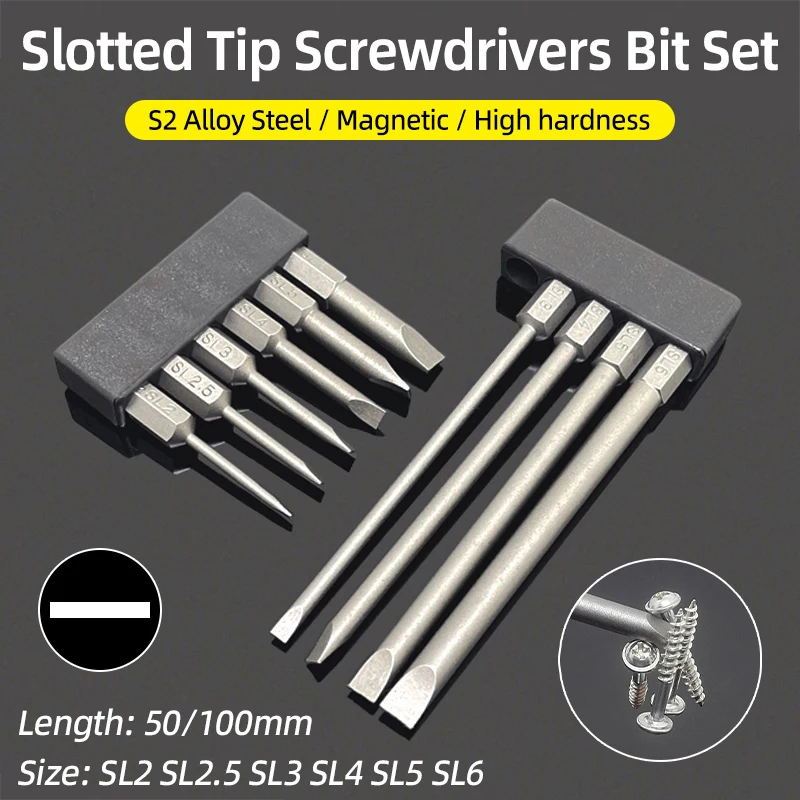 Magnetic Tip Flat Head Screwdriver Bits Set 50/100mm 2.0-6.0mm Slotted Screwdriver Drill 1/4 Inch Hex Shank Hand Electric Tools