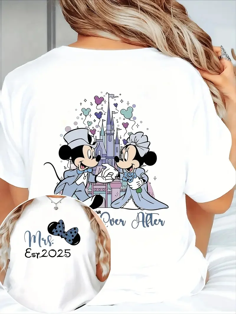 

2025 Disney Pattern Printed Women's Casual Comfortable Unique Smiling Face Black Round Neck Short Sleeve T-shirt