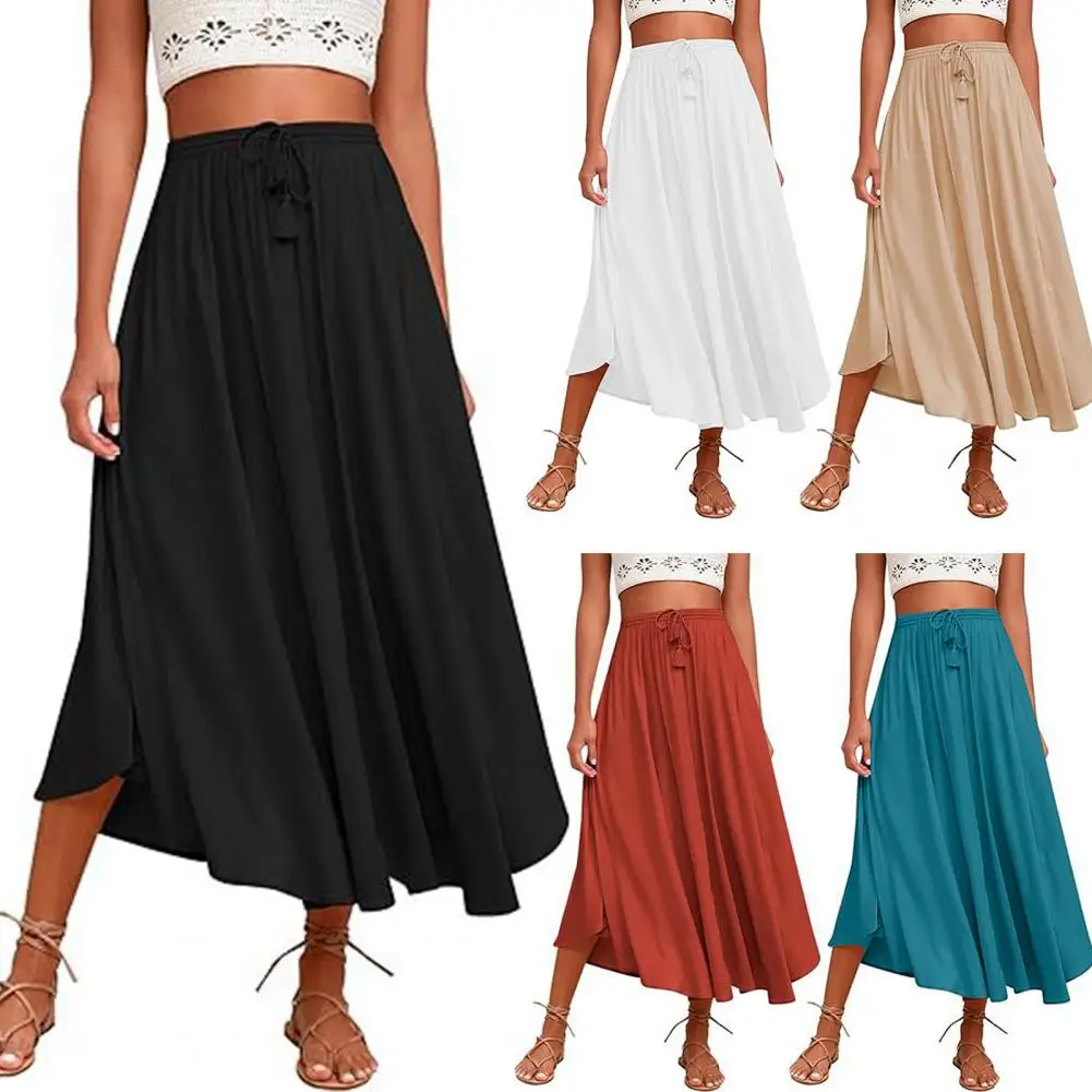 

1Pc Elastic Women Midi Skirt High Waist Adjustable Drawstring Flowy Hem Skirt Comfortable Solid Color Casual Skirt Streetwear