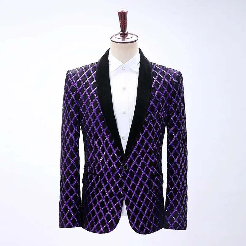 

Mens Blazer Jacket Velveteen Purple Diamond-shaped Lattice Sequins Gown Singer Anchor Boy Stage Performance Suits