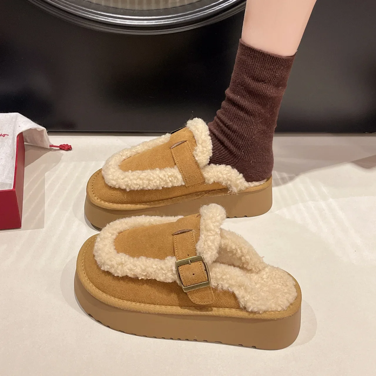 Winter Thick Bottom Boot Cotton Slippers Women's Fleece Lined Slip on Covered Toe Half Slippers Korean Style Flat Shoes