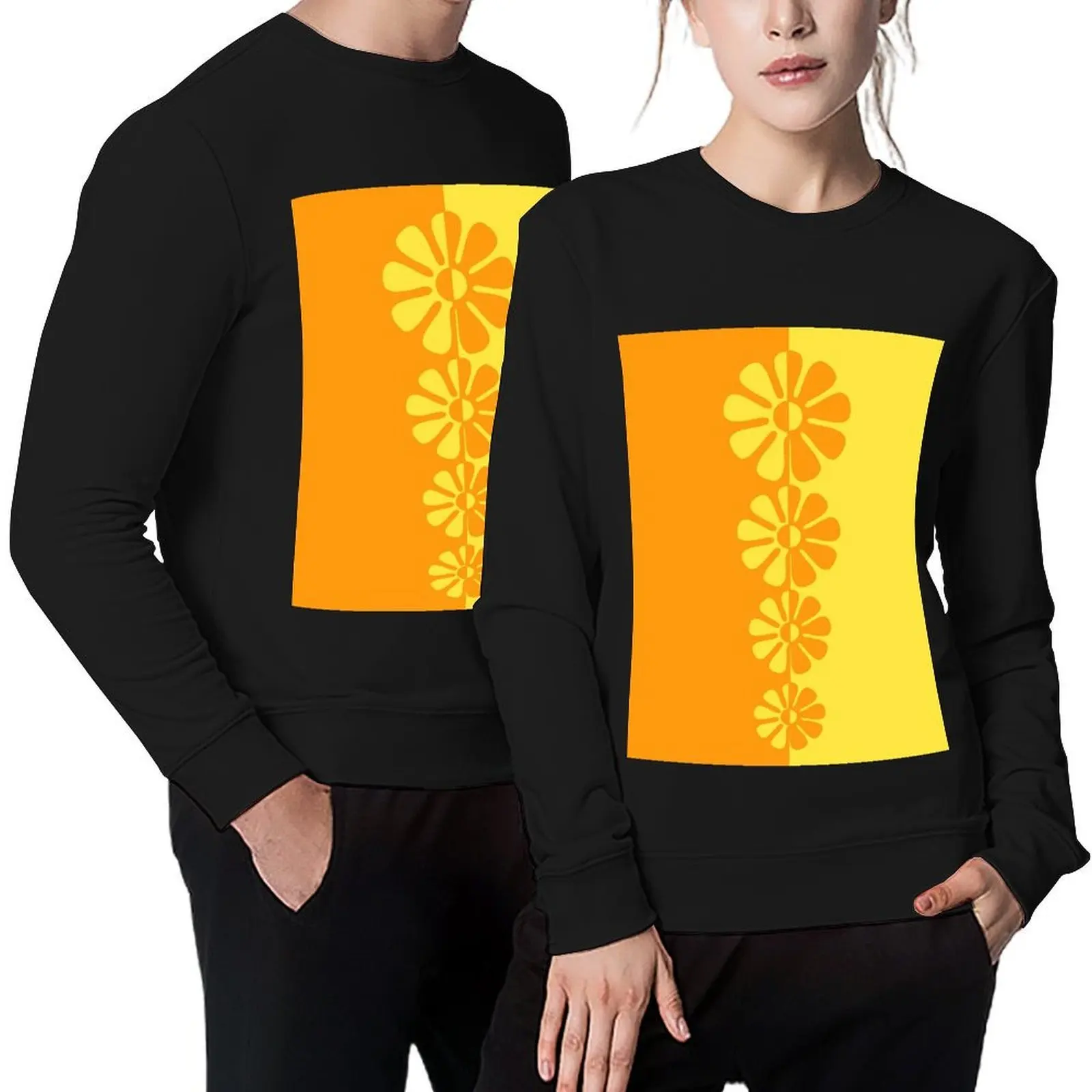

60's Bold Retro Mod Flowers in Orange and Yellow Pullover men clothes men's sweat-shirt japanese style hooded sweatshirt