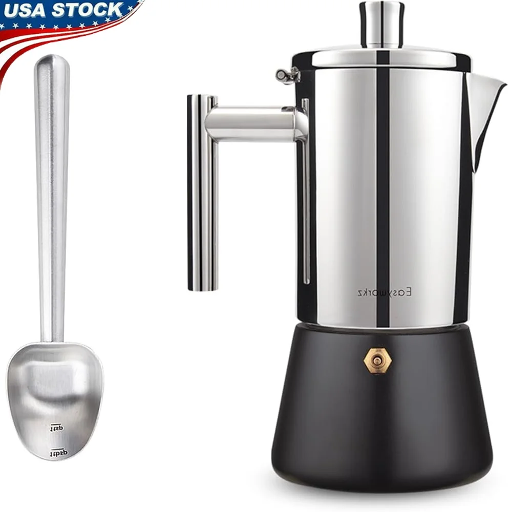 Panci Moka Baja Tahan Karat 6 Cangkir Pembuat Espresso Pegangan Tahan Panas Sendok Kopi 18/8 Alat Dapur Kompor Mudah Dibersihkan Tahan Lama