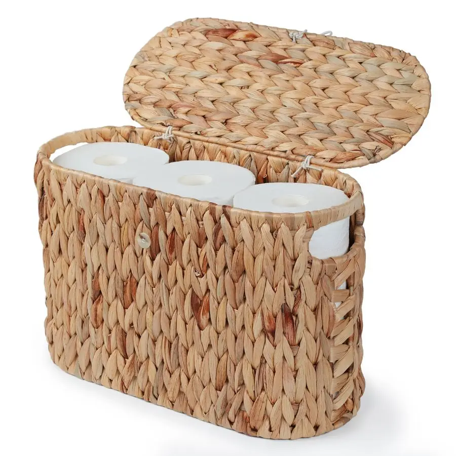 

Toilet Paper Storage, Water Hyacinth Toilet Paper Storage with Lid, Papers Container for up to 6 Mega Rolls, Bathroom Basket Org