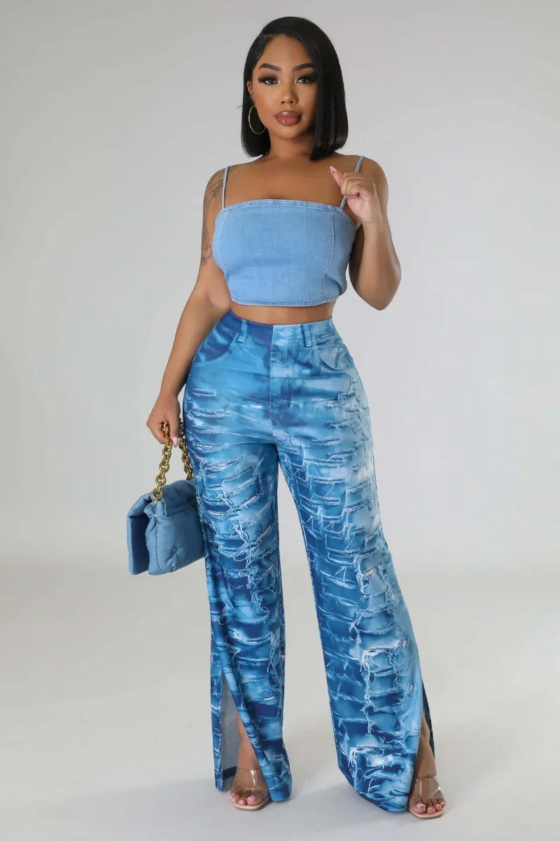 

KEXU Fake Jean Printed Side Slit Wide Leg Flare Pants 2024 Summer Women Street Fashion Straight Trousers