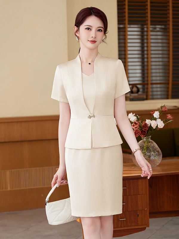 

Acetate Satin Career Suit Set Women Summer New Elegance OL Style Sleeveless Wrap around Skirt Two Piece Set Business Wear