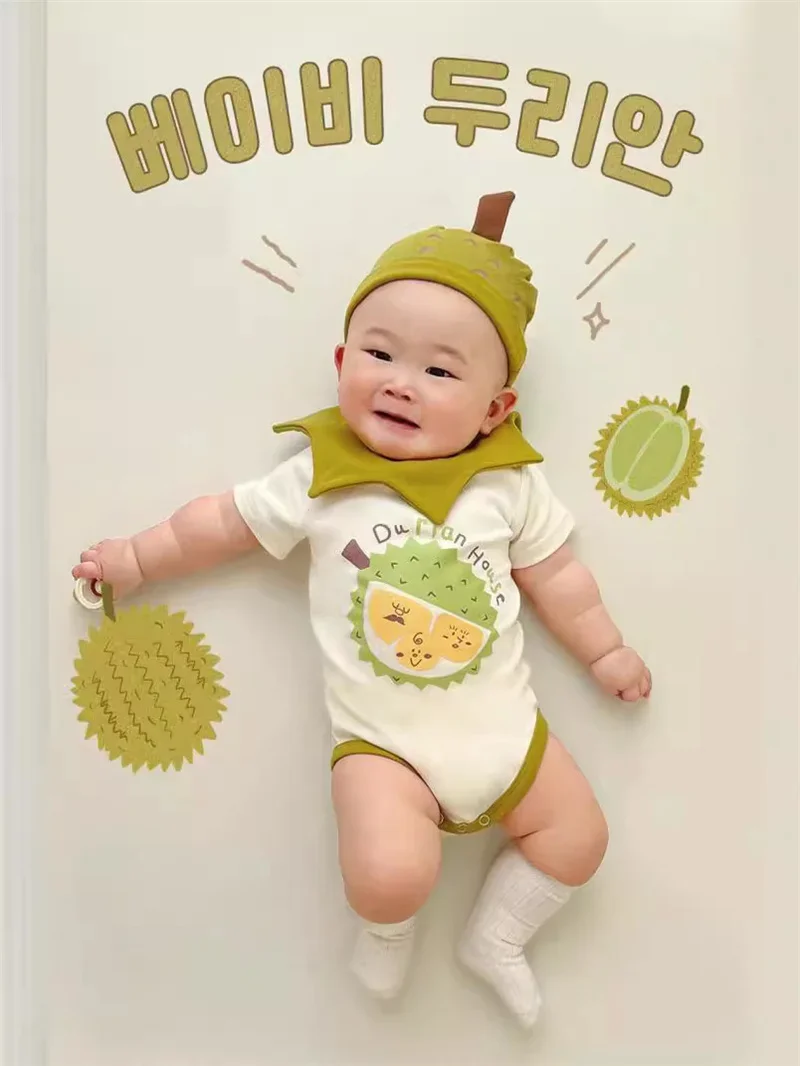 

Newborn Baby Clothes Romper Boy Girl Pattern Onesie Infant Funny Durian Cotton Short Costume Onesie Jumpsuits Outfit With Hat