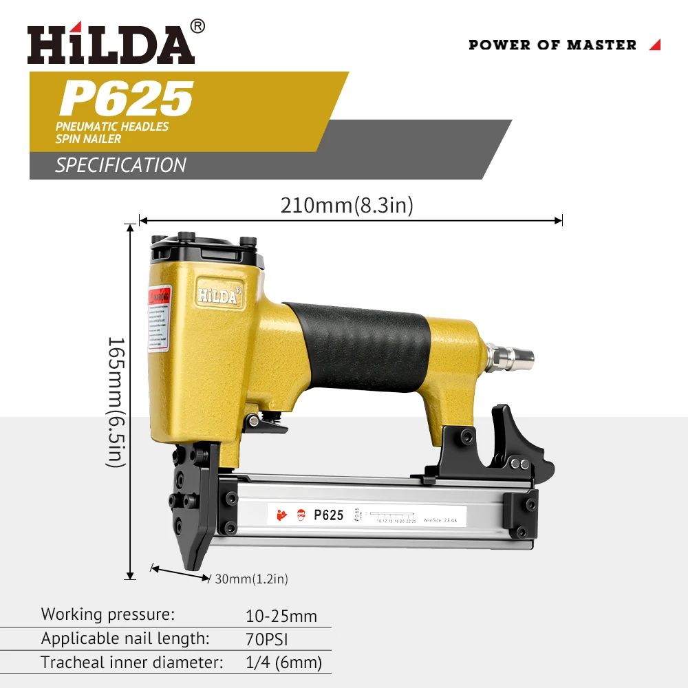 HILDA P625 Pneumatic Pin Nailer Air Nail Gun Air Powered Finishing Nailer for Woodworking Decoration Cabinet Trim