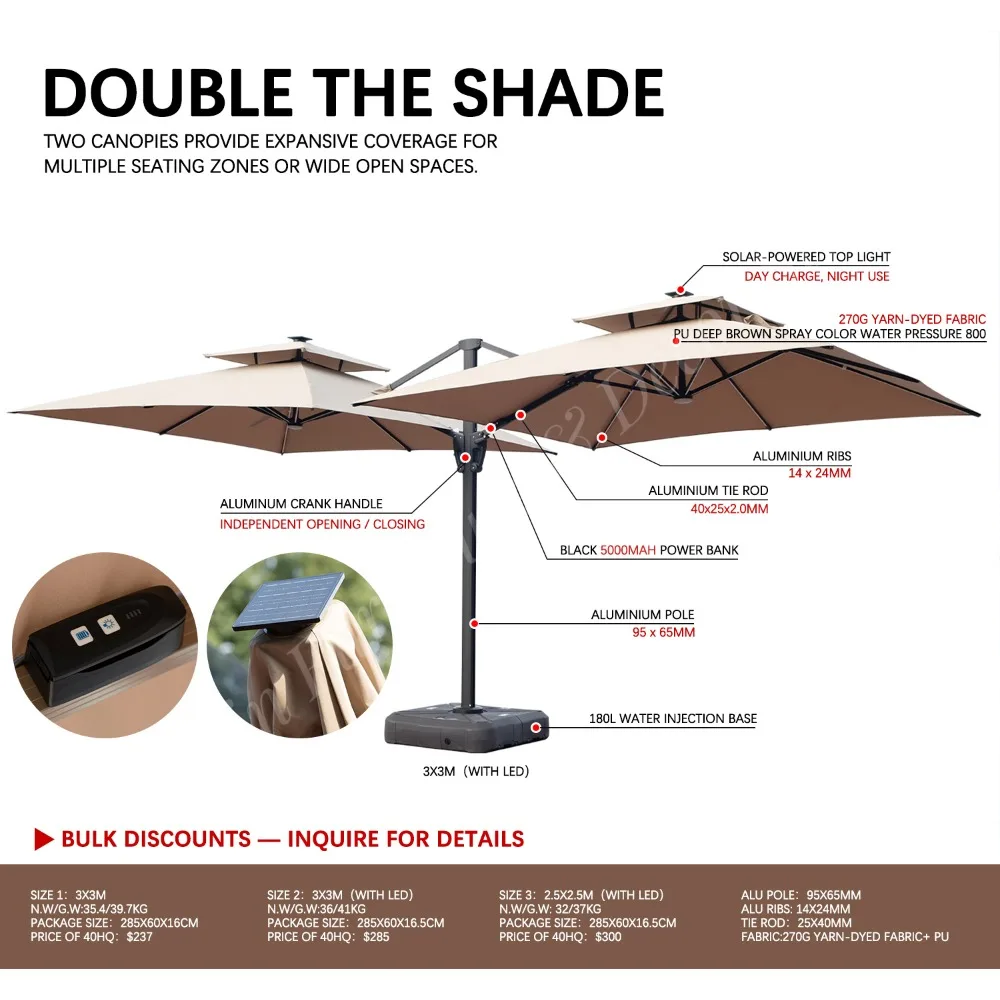 Commercial Grade Dual-Head Roman Umbrella Solar Powered Use for Restaurant Poolside Outdoor Project Hotel Restaurant Poolside