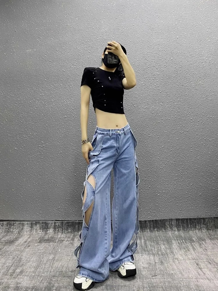 Lalies Denim Pants Fashion Streetwear Y2k Hollow Out Jeans Women High Waist Wide Leg Blue Denim Trousers Elegant Party Jean2025