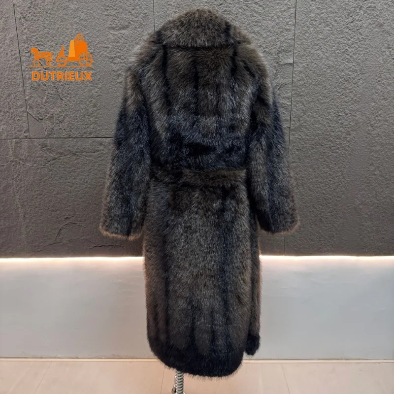 معطف فرو طويل للنساء شتوي سميك لعام 2025، ياقة فرو كاملة من جلد الغزال 100%، سترة دافئة برباط للعطلات للنساء