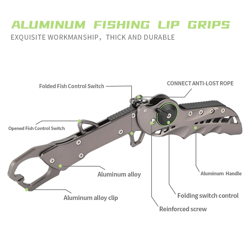 OUTDOOR Foldable Fish Lip Grabber Aluminum Alloy Fish Control Fish Lip Gripper with Anti-Lost Elastic Lanyard