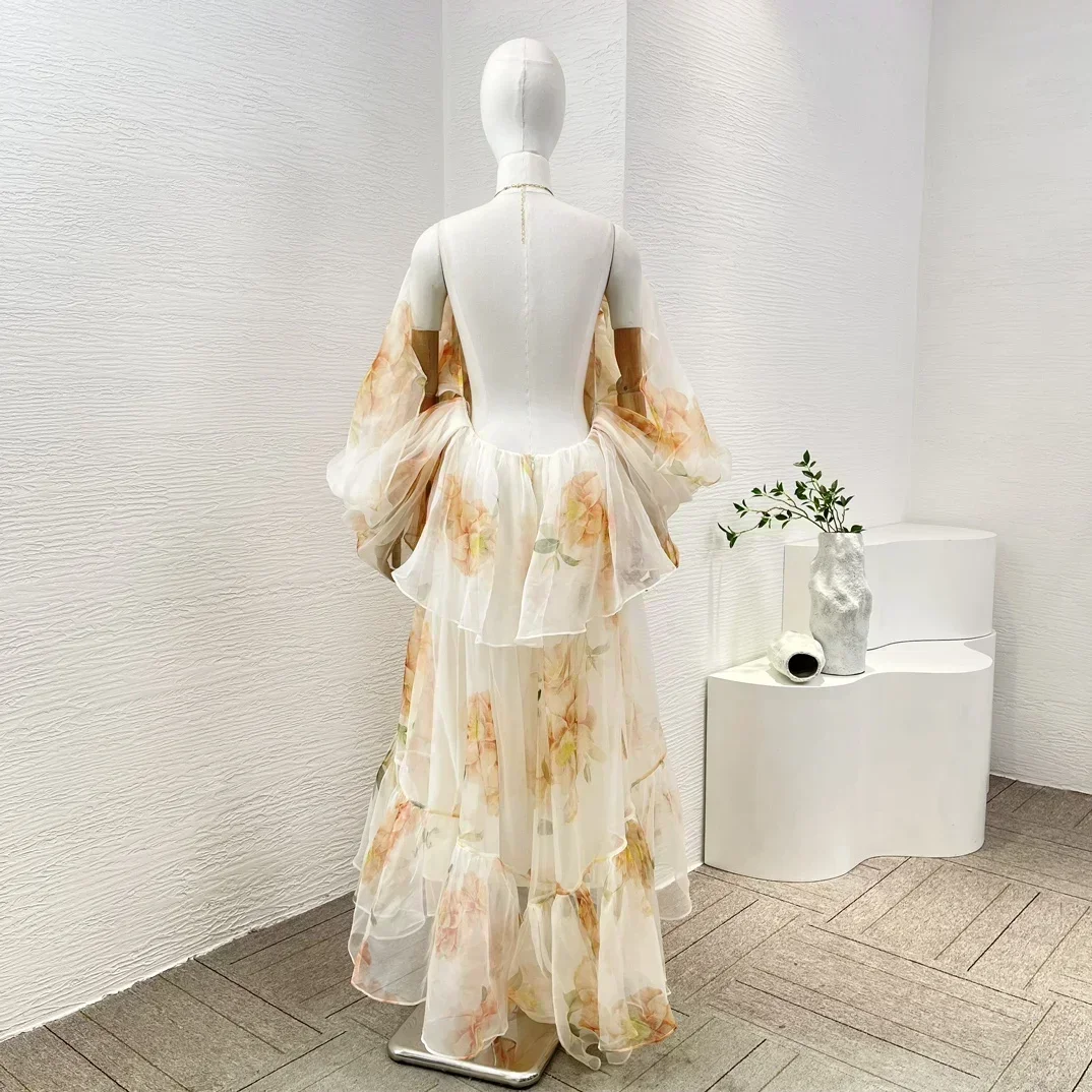 New Collection High Quality Silk Ivory Orange Camellia Flower Print Halter Backless Long Sleeve Women Midi Dress for Holiday