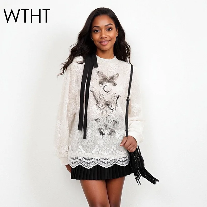 

WTHT New Fashion Women's Print Design Bandage O-neck Casual T-shirt 2025 Autumn Trendy Long Sleeves Loose Tops Female 1LS2352