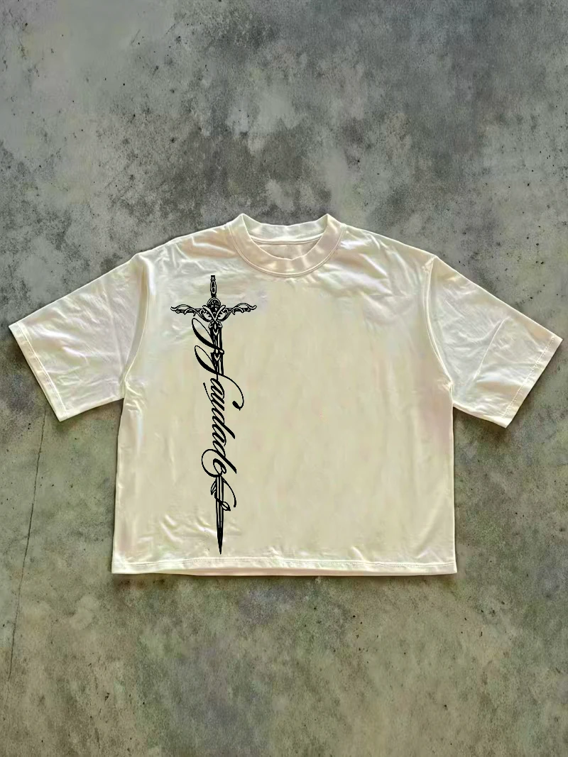 Men's Women T Shirt Vintage Sword Cursive Print High Street Style Letter Graphic Tee Casual Y2K Hip Hop Minimalist Fashionable
